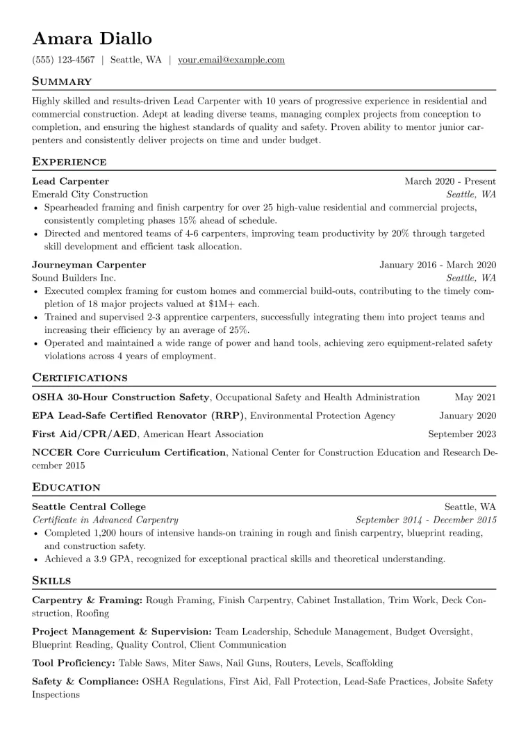 Lead Carpenter Resume Example CV template preview