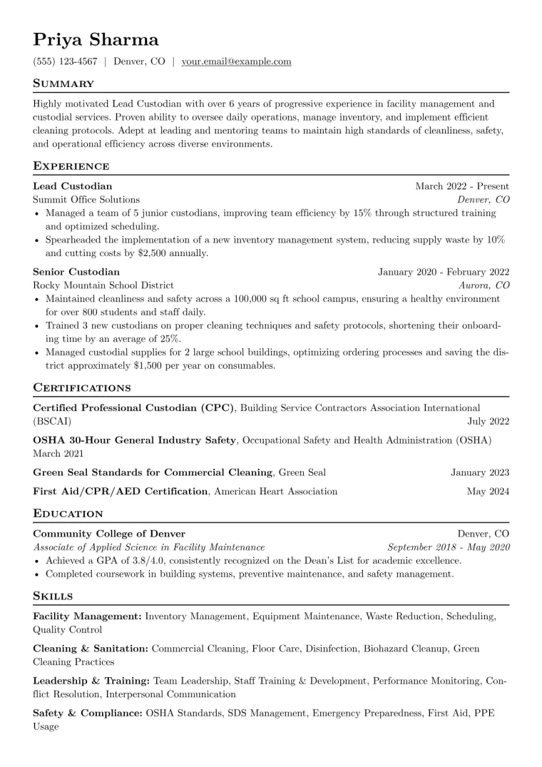 Lead Custodian Resume Example CV template preview