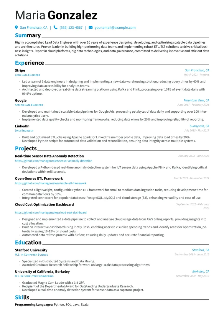 Lead Data Engineer Resume Example CV template preview