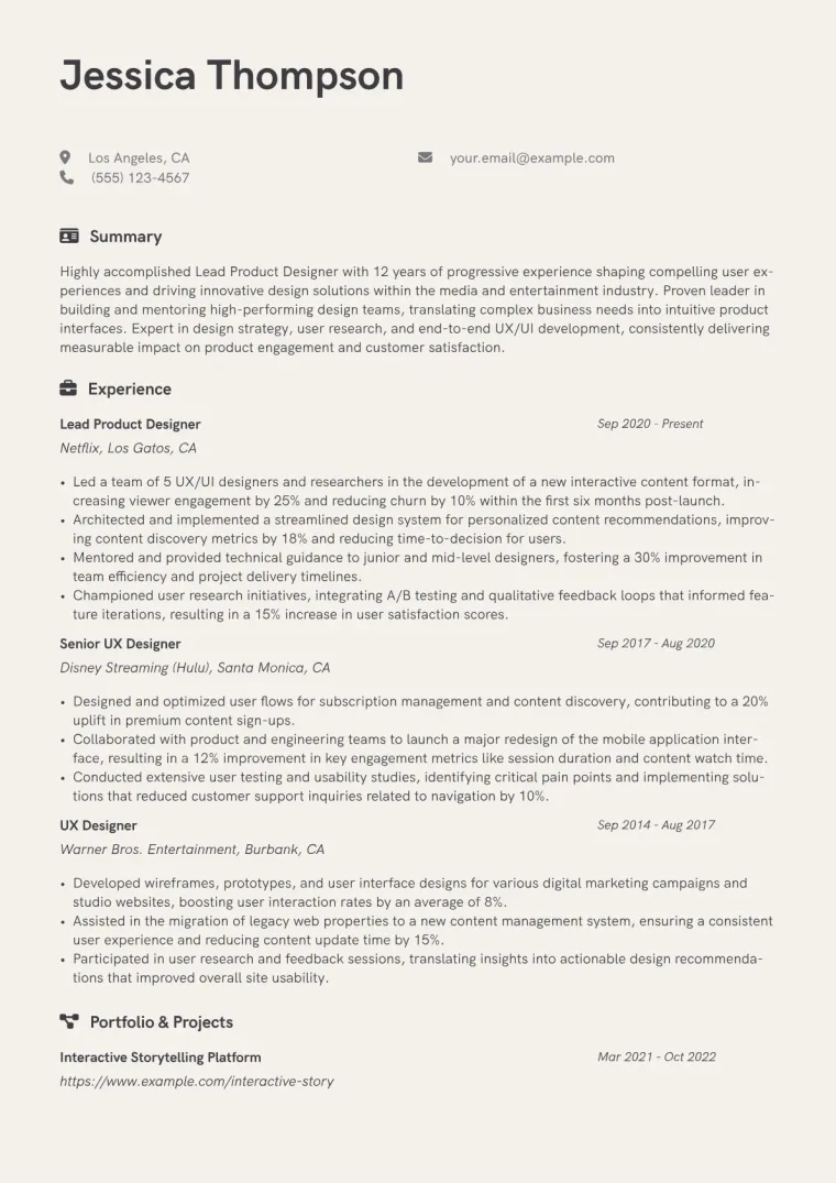 Lead Designer Resume Example CV template preview