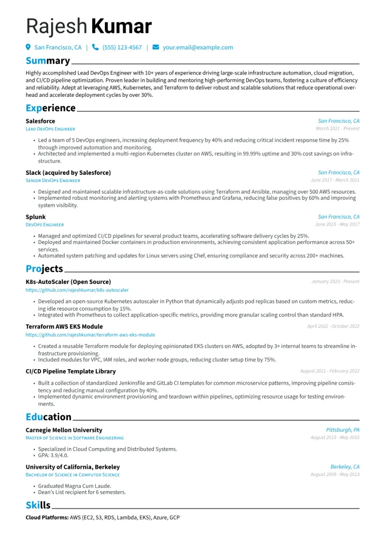 Lead DevOps Engineer Resume Example CV template preview