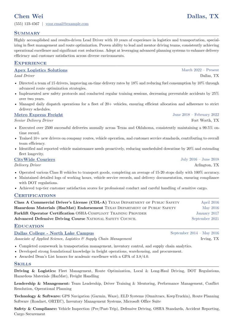 Lead Driver Resume Example CV template preview