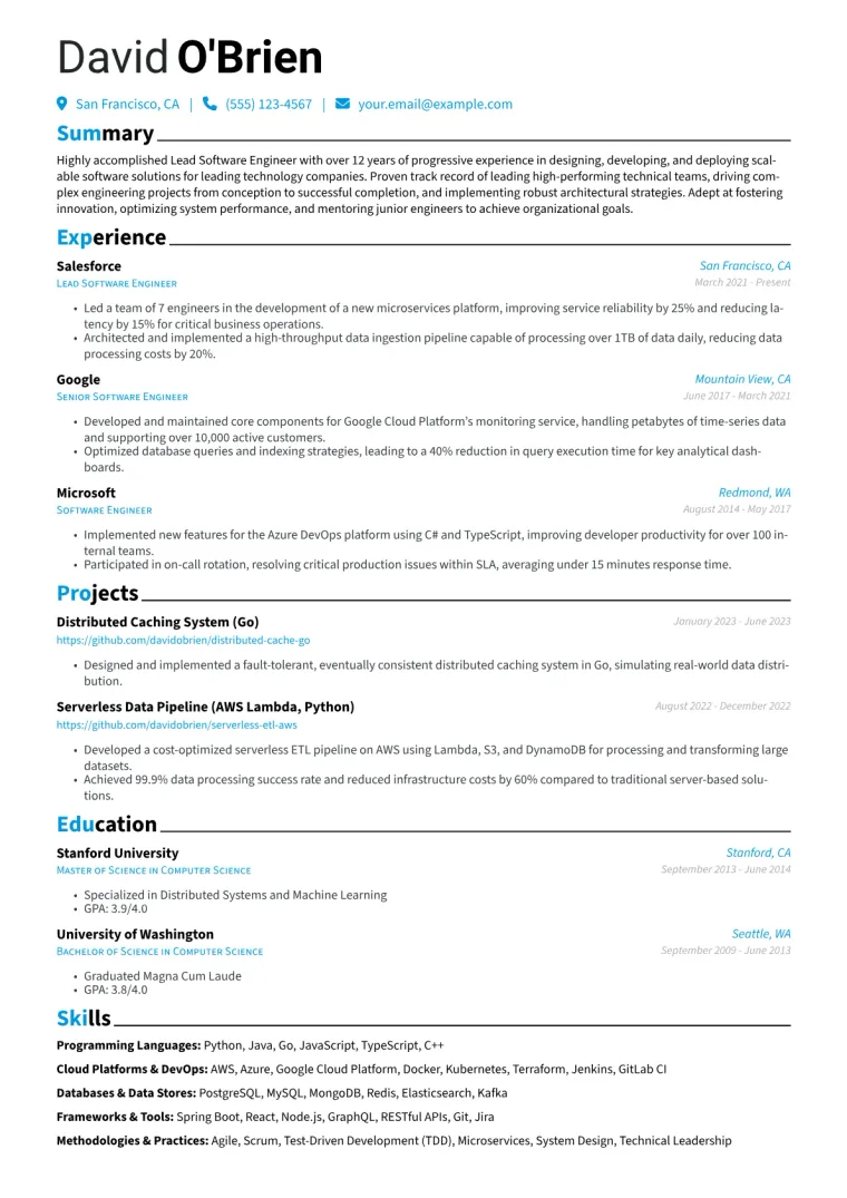 Lead Engineer Resume Example CV template preview