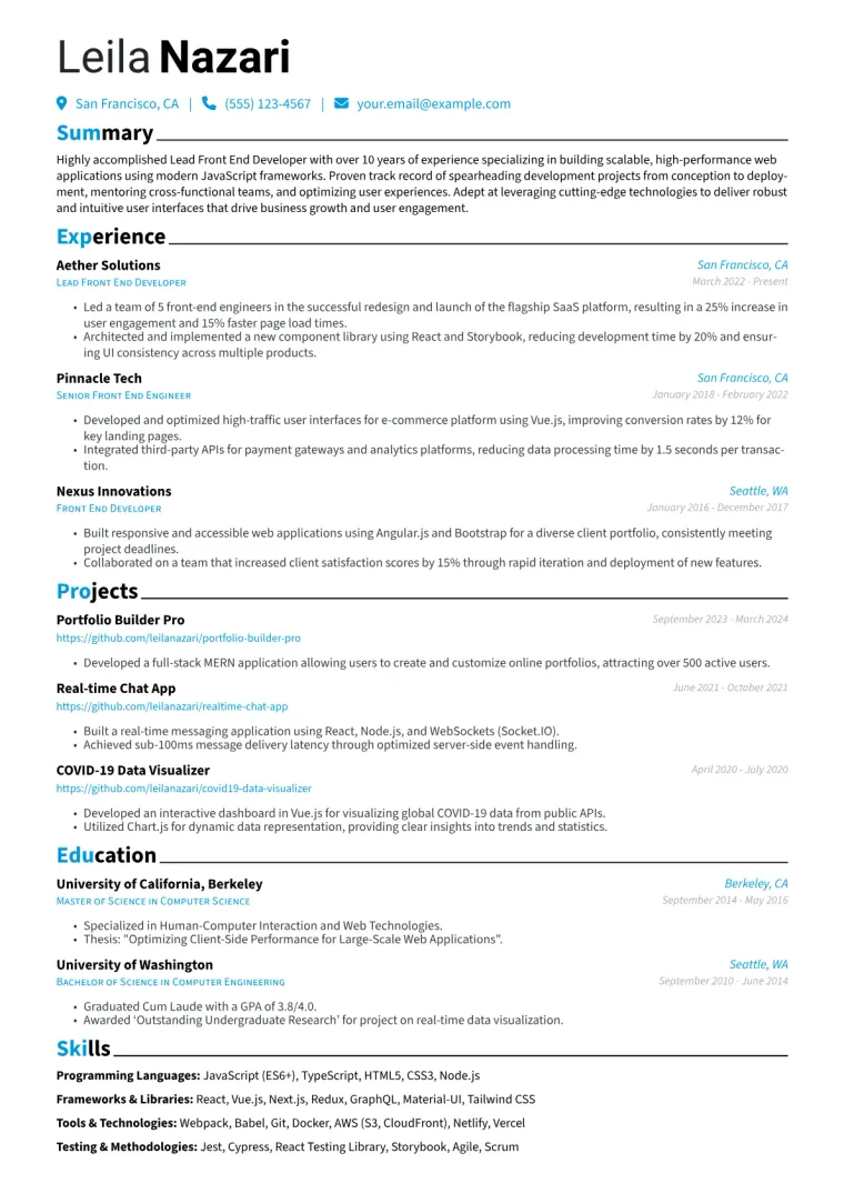 Lead Front End Developer Resume Example preview