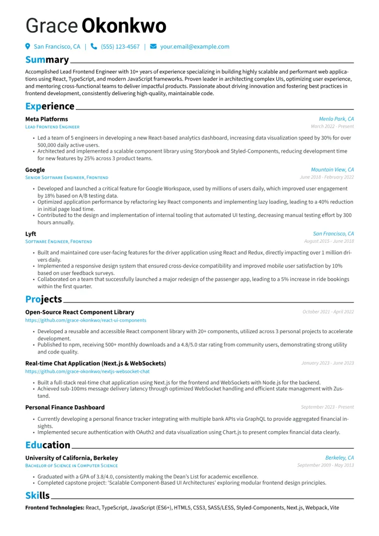 Lead Frontend Engineer Resume Example CV template preview