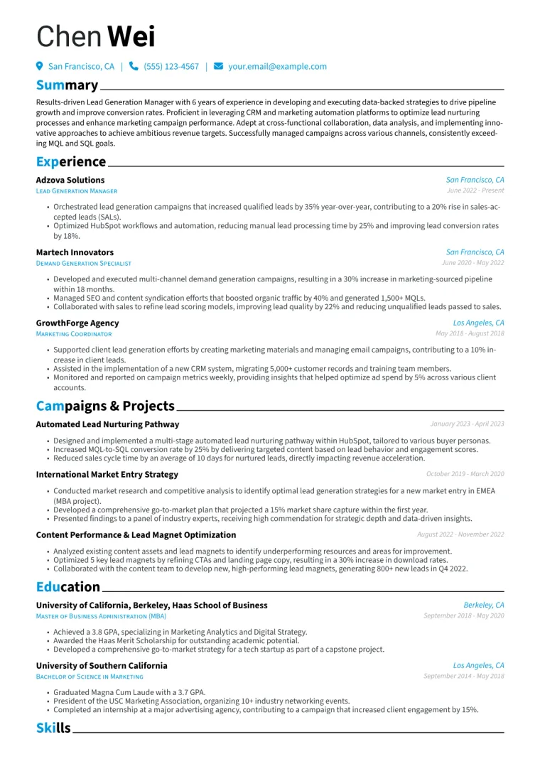 Lead Generation Manager Resume Example CV template preview