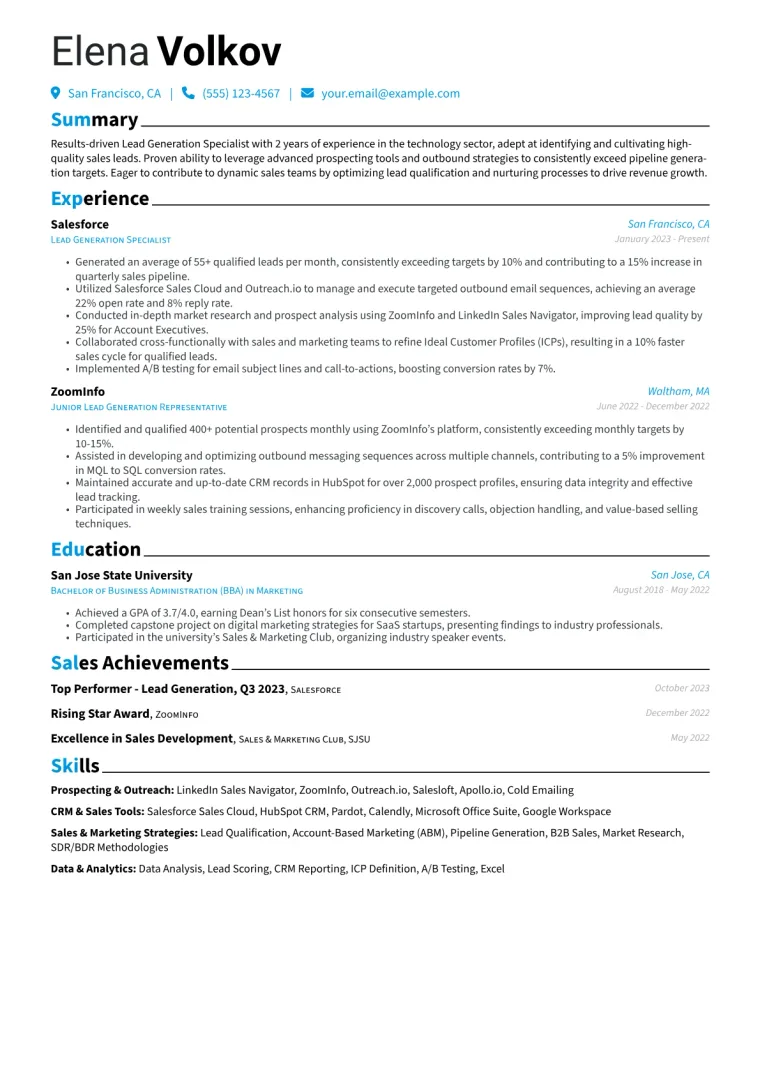 Lead Generation Specialist Resume Example CV template preview