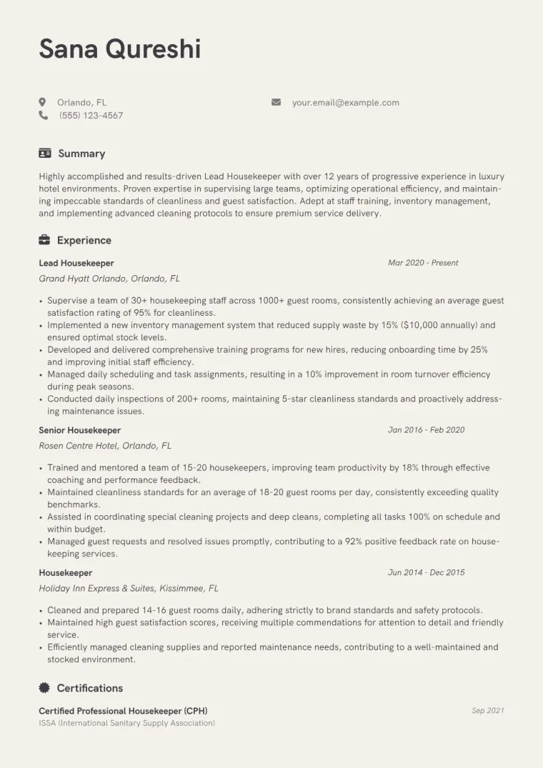 Lead Housekeeper Resume Example CV template preview