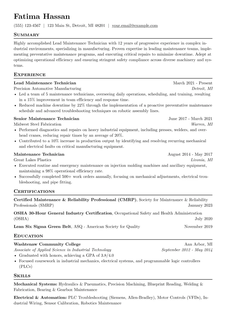 Lead Maintenance Technician Resume Example preview