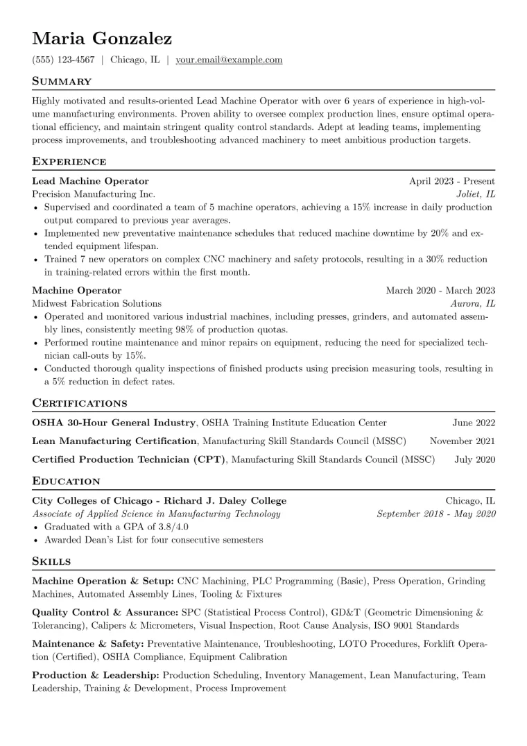 Lead Operator Resume Example preview