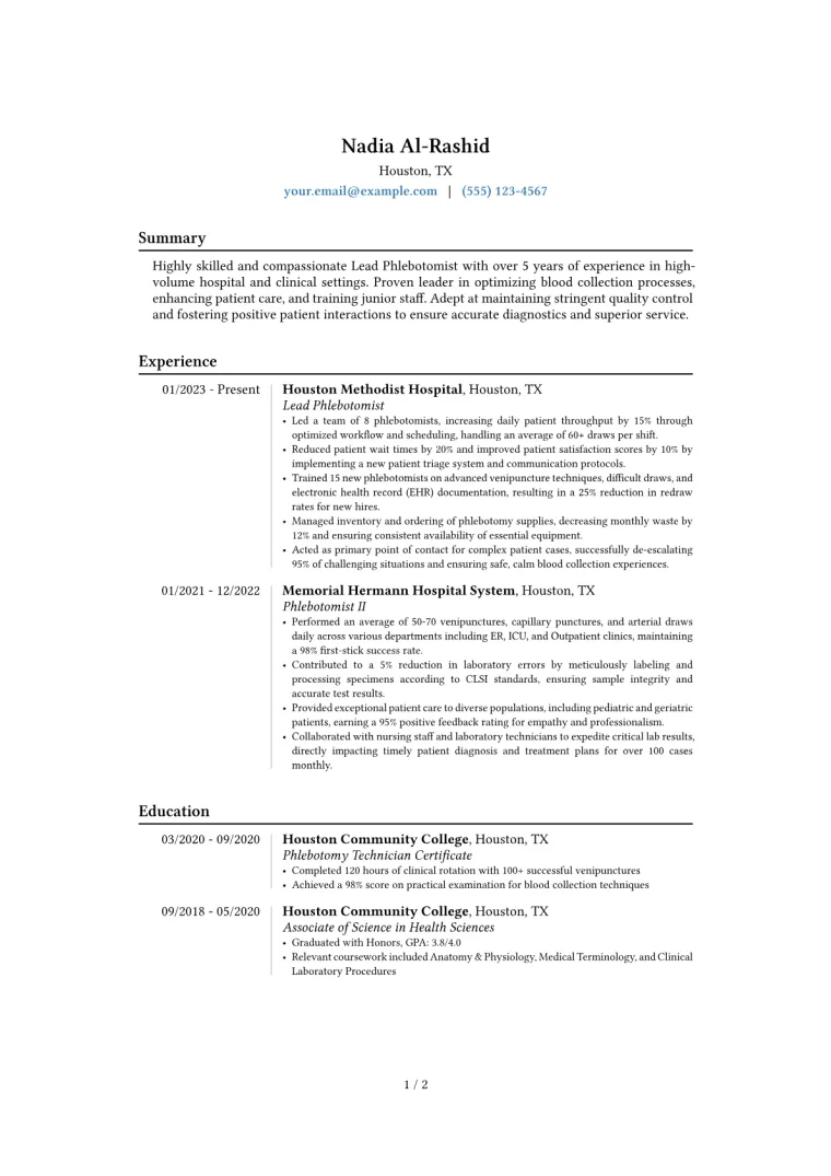 Lead Phlebotomist Resume Example CV template preview