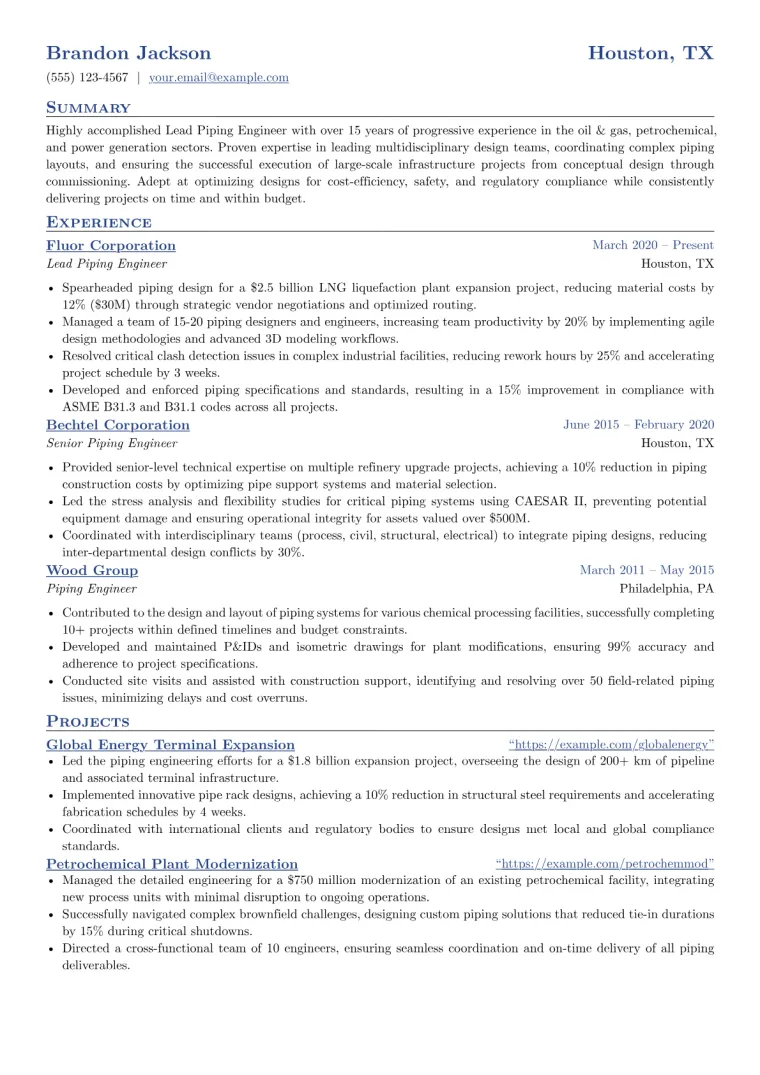 Lead Piping Engineer Resume Example preview
