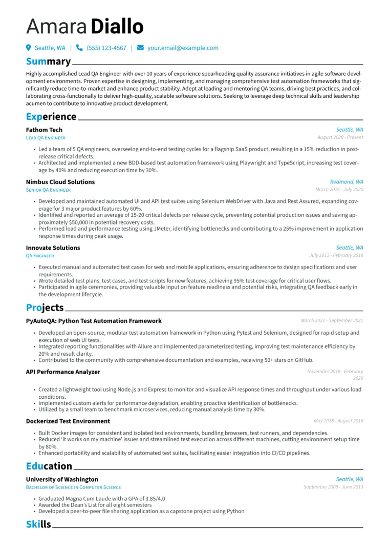 Lead QA Engineer Resume Example CV template preview