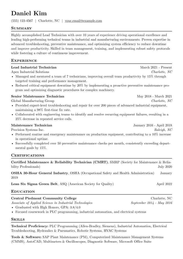 Lead Technician Resume Example CV template preview