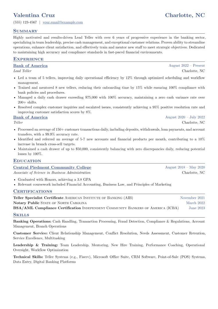 Lead Teller Resume Example CV template preview