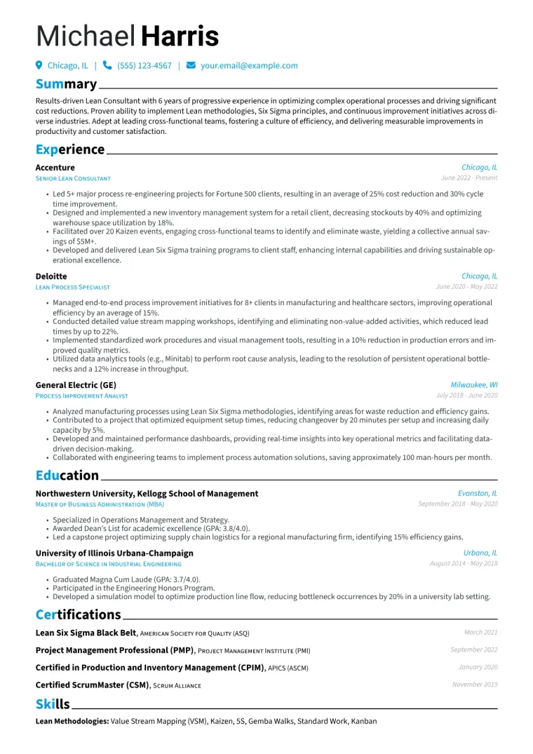 Lean Consultant Resume Example CV template preview
