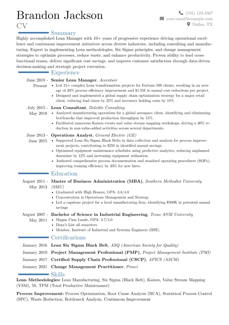Lean Manager Resume Example CV template preview