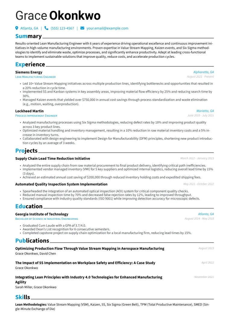 Lean Manufacturing Engineer Resume Example CV template preview