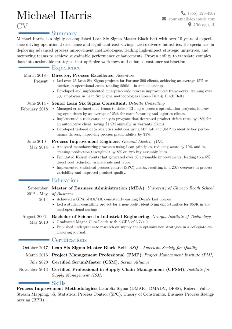Lean Six Sigma Master Black Belt Resume Example CV template preview
