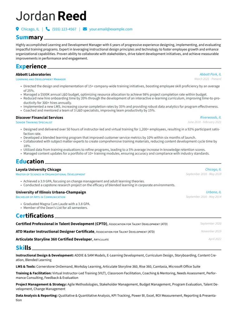 Learning and Development Manager Resume Example CV template preview