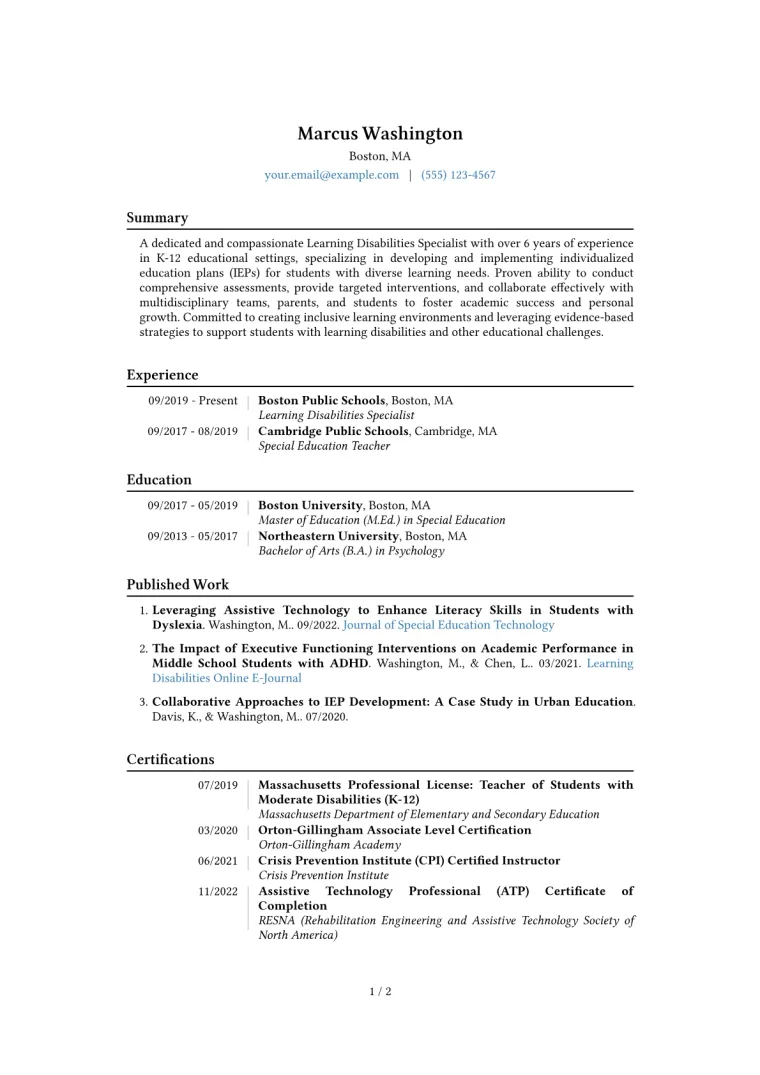 Learning Disabilities Specialist Resume Example CV template preview