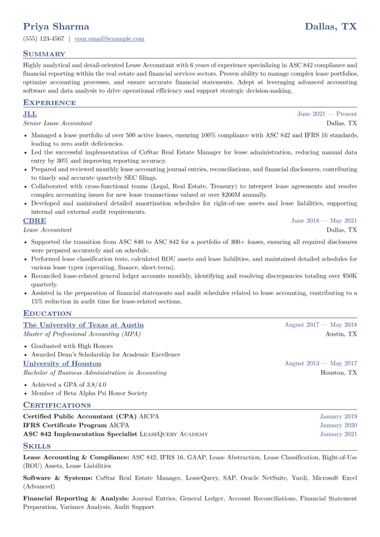 Lease Accountant Resume Example CV template preview