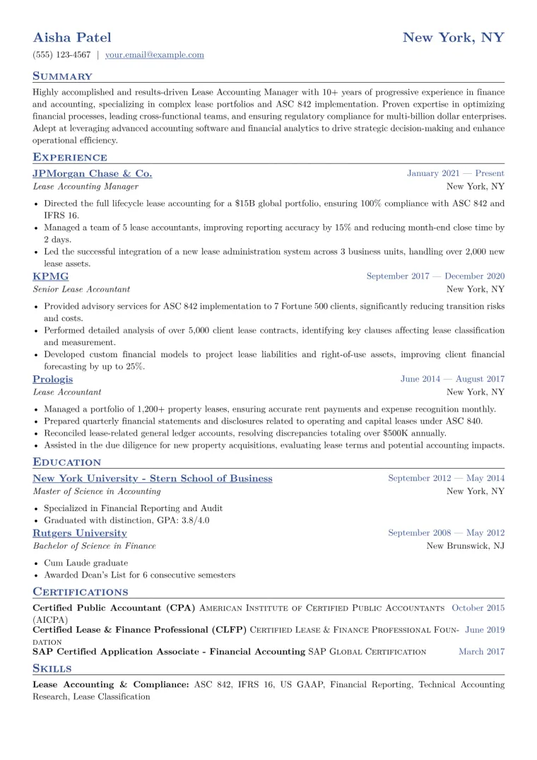 Lease Accounting Manager Resume Example CV template preview