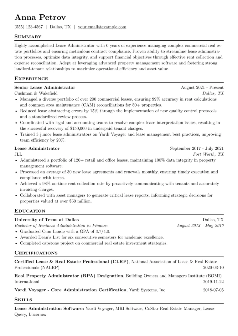 Lease Administrator Resume Example CV template preview