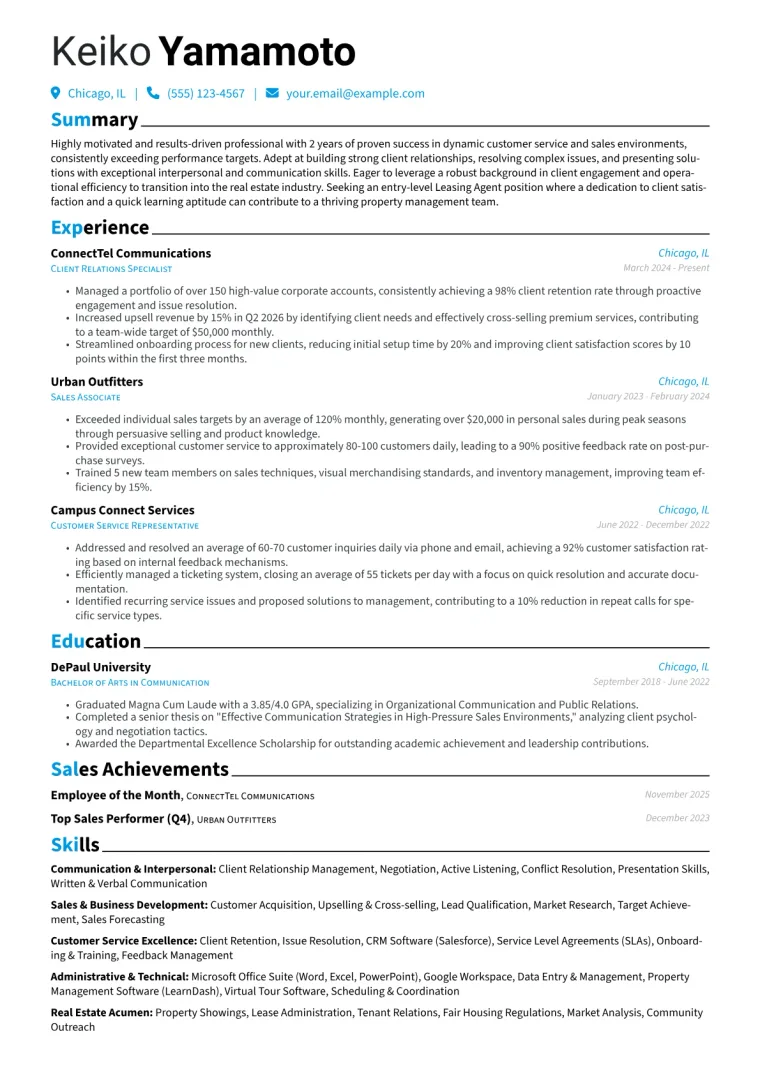 Leasing Agent No Experience Resume Example CV template preview