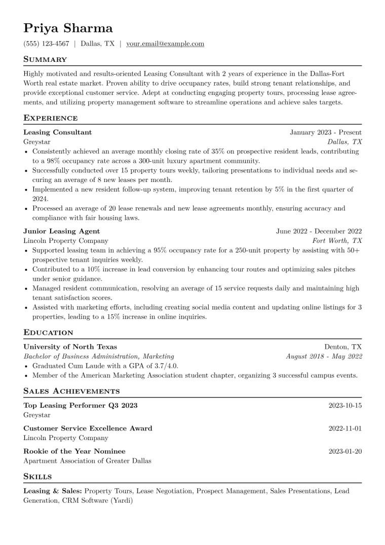 Leasing Consultant Resume Example CV template preview
