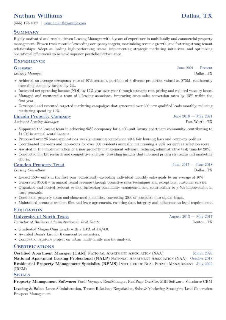 Leasing Manager Resume Example CV template preview