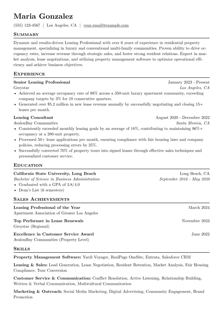 Leasing Professional Resume Example preview