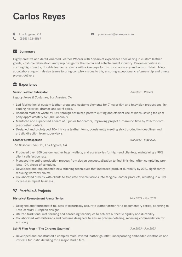 Leather Worker Resume Example CV template preview