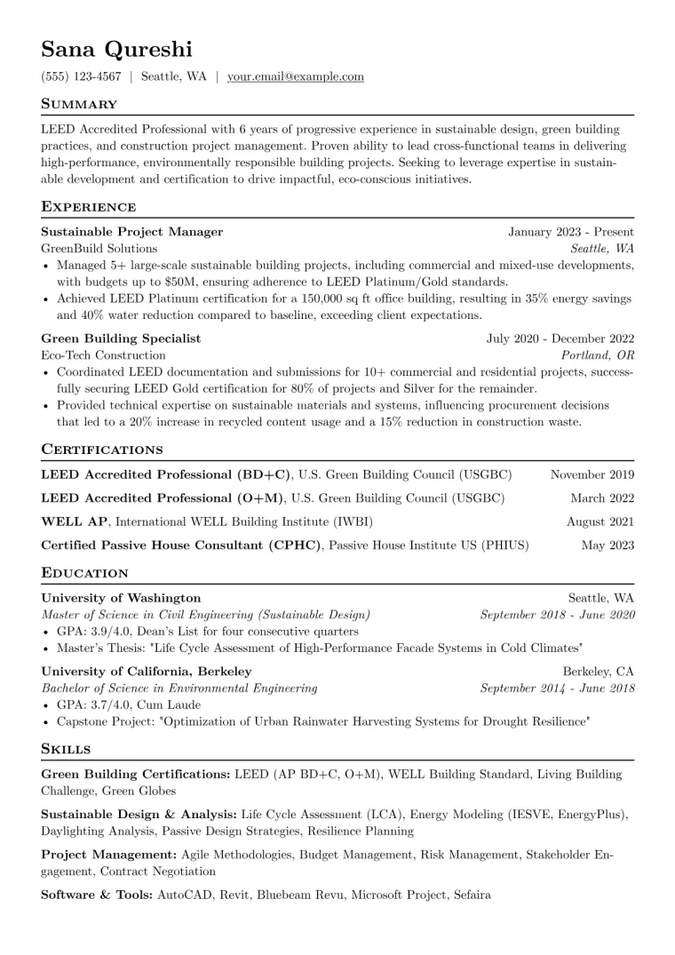 LEED Accredited Professional Resume Example CV template preview