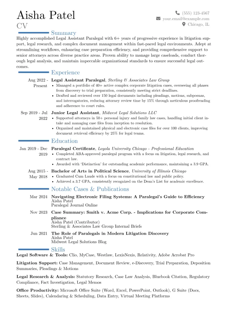 Legal Assistant Paralegal Resume Example CV template preview