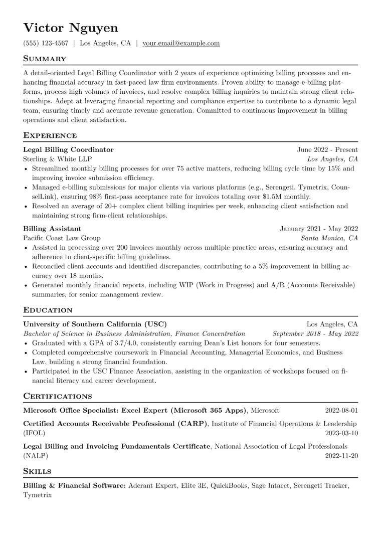 Legal Billing Coordinator Resume Example CV template preview