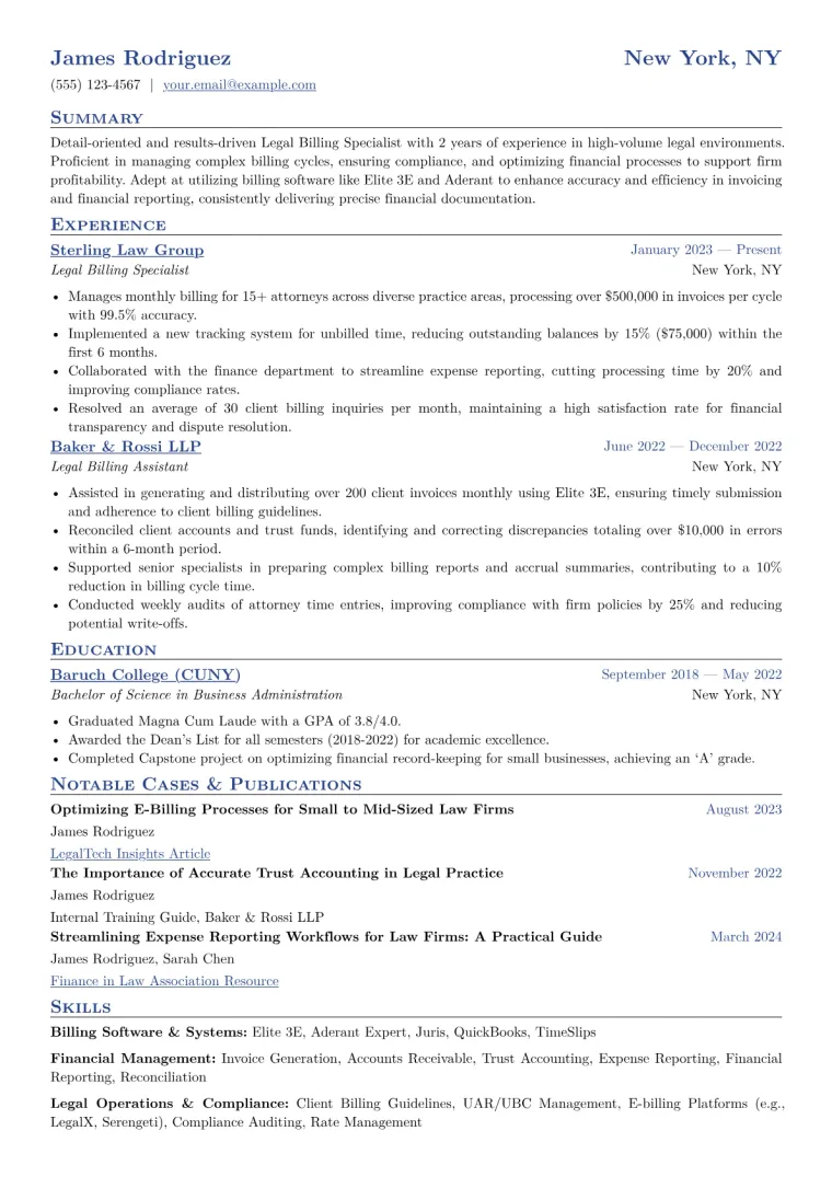 Legal Billing Specialist Resume Example CV template preview