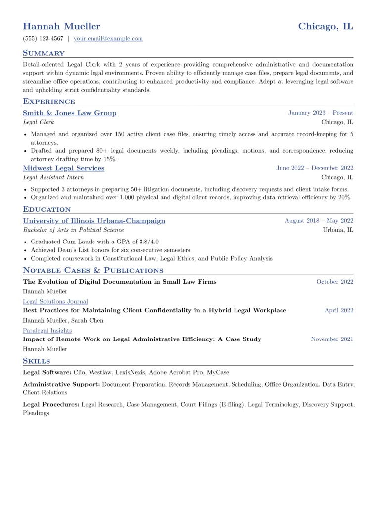 Legal Clerk Resume Example CV template preview