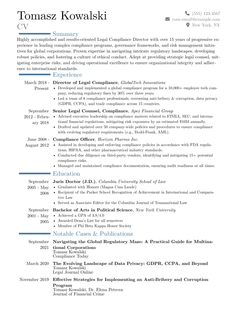 Legal Compliance Director Resume Example CV template preview