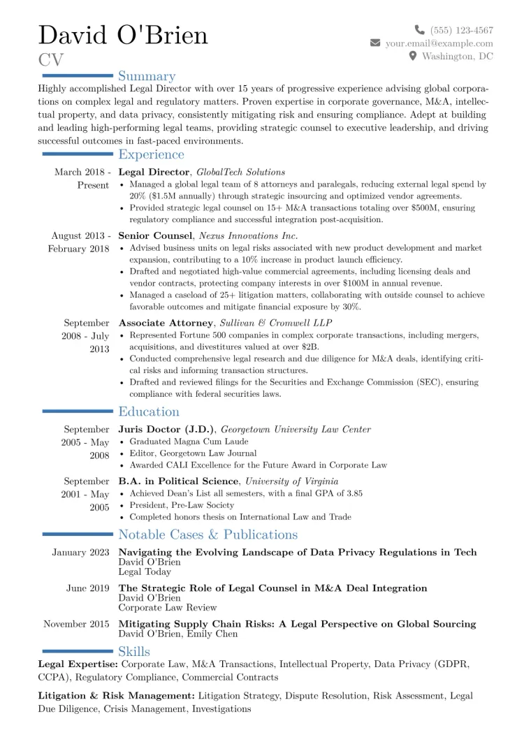 Legal Director Resume Example CV template preview