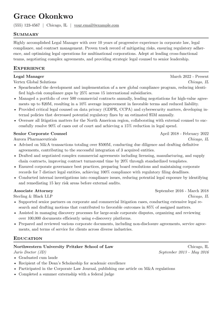 Legal Manager Resume Example CV template preview