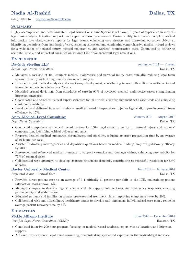 Legal Nurse Consultant Specialist Resume Example CV template preview