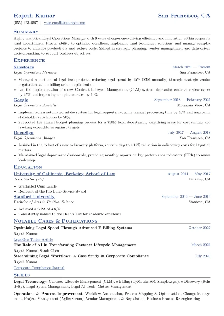 Legal Operations Manager Resume Example CV template preview