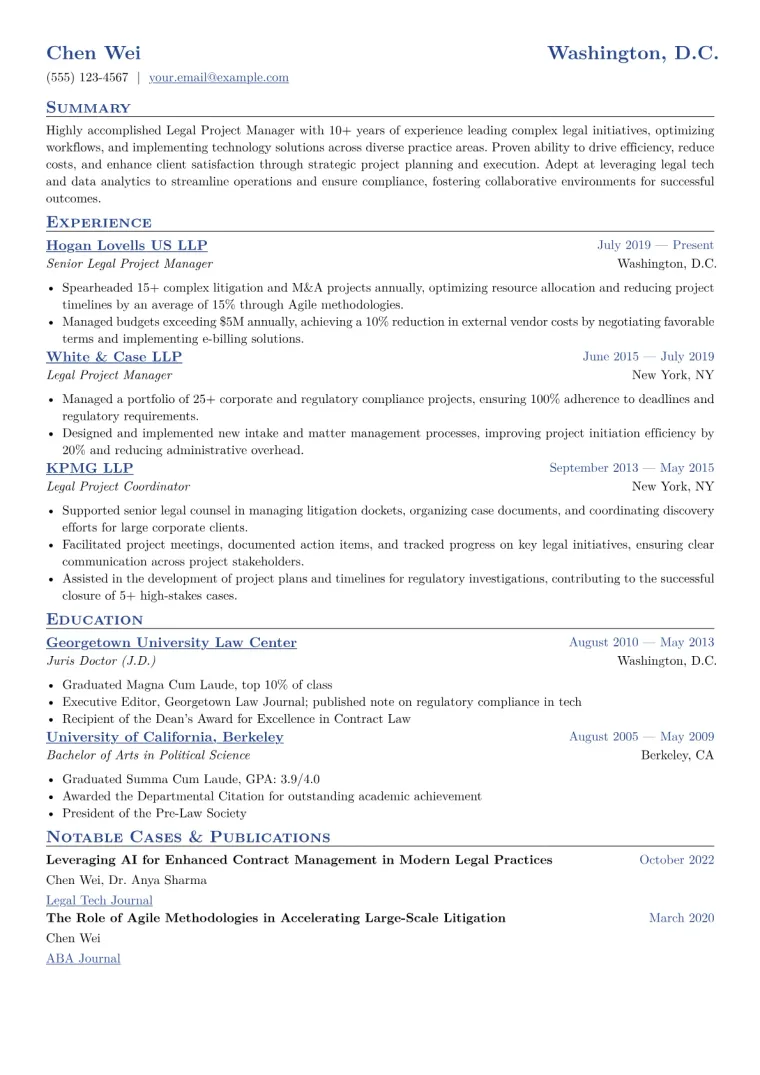 Legal Project Manager Resume Example CV template preview