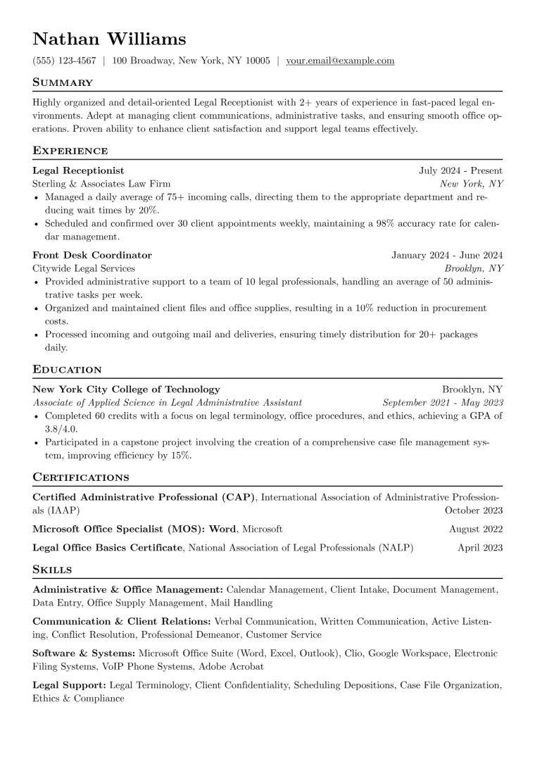Legal Receptionist Resume Example CV template preview