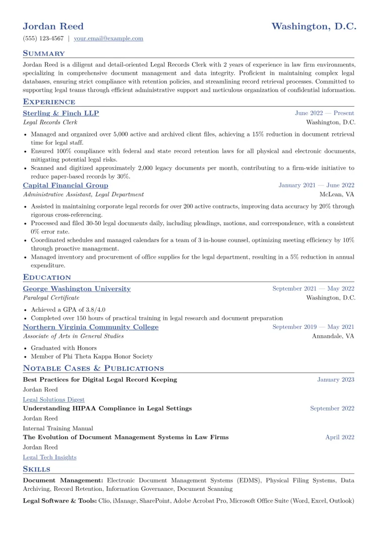 Legal Records Clerk Resume Example CV template preview