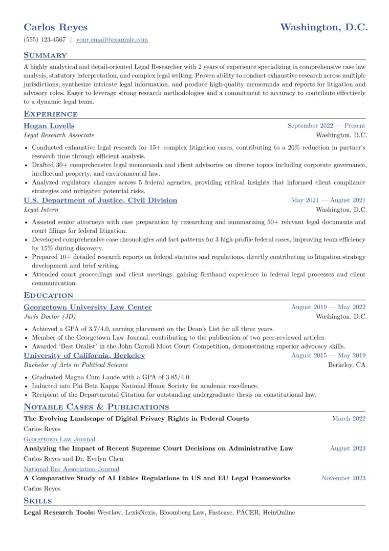 Legal Researcher Resume Example CV template preview