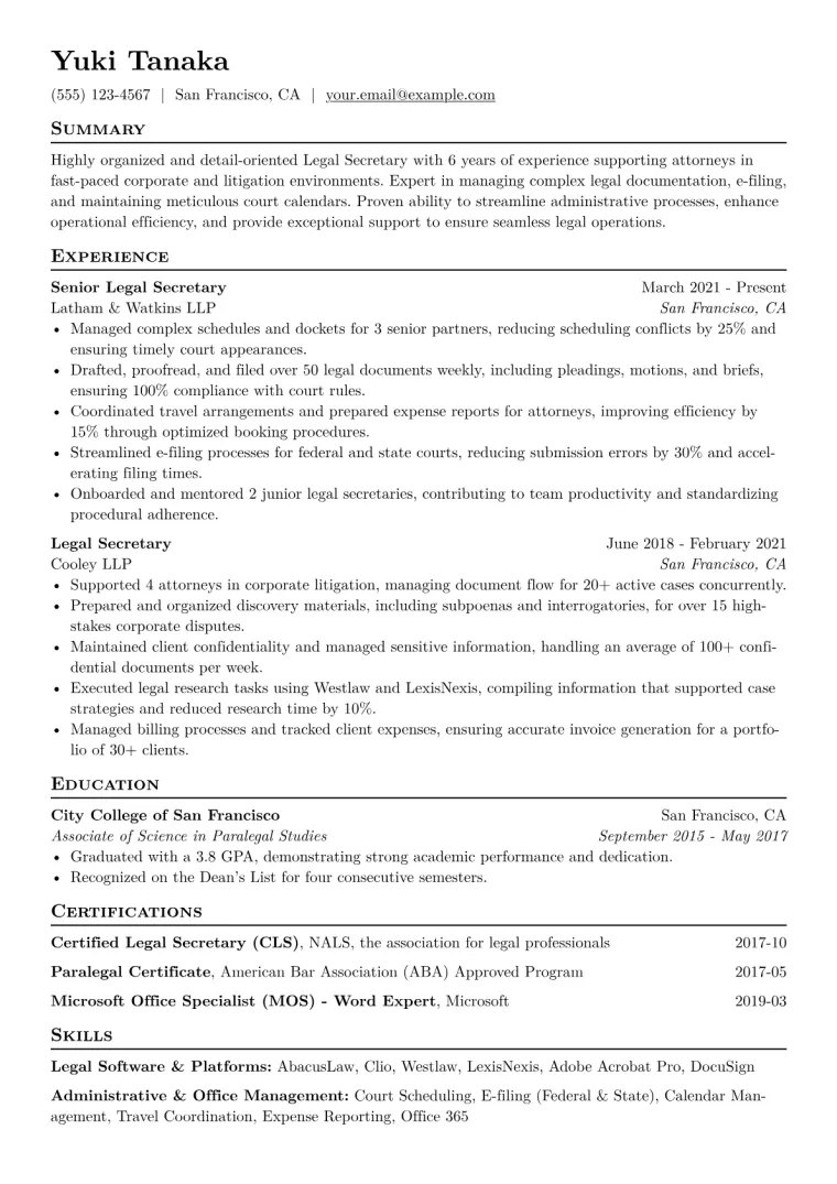 Legal Secretary Resume Example CV template preview