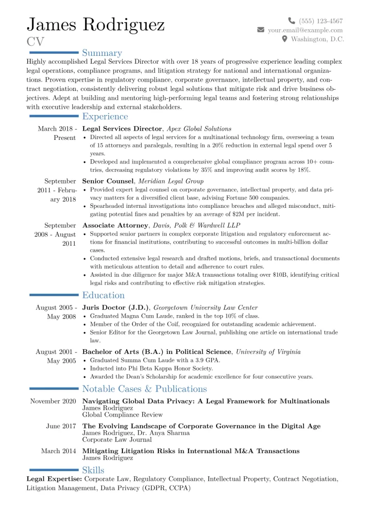 Legal Services Director Resume Example CV template preview