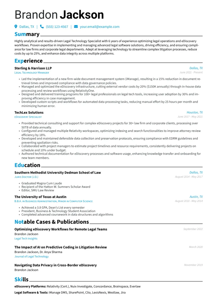 Legal Technology Specialist Resume Example CV template preview